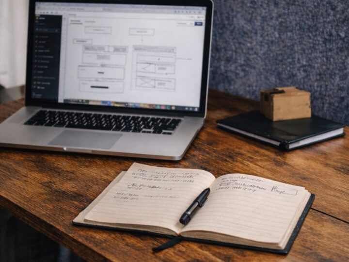 Arbeitsplatz mit Laptop und Notizbuch mit Wireframe-Skizze